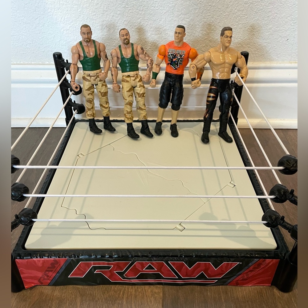 WWE RAW Breakaway Wrestling Ring & Figure Lot - Cena, Bushwhackers, & Benoit